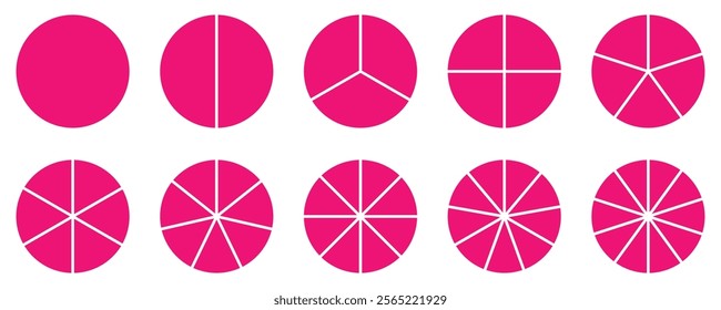 Infographic icon pie circles set divided radius in pink color. Segments of circle. Pink round diagram. Divided circle sections set. Vector illustration.vector symbol.