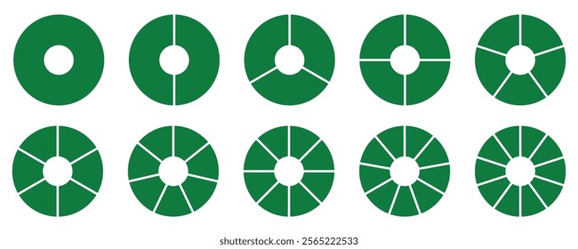 Infographic icon pie circles set divided radius in green color. Segments of circle. Green round diagram. Divided circle sections set. Vector illustration.vector icons	