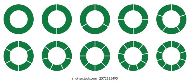 Infographic icon pie circles set divided radius in green color. Segments of circle. Green round diagram. Divided circle sections set. Vector illustration.vector icons	
