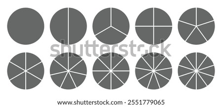 Infographic icon pie circles set divided radius in grey color. Segments of circle with 1 to 10 pieces. Pie diagram set. Divided circle sections set. Vector illustration