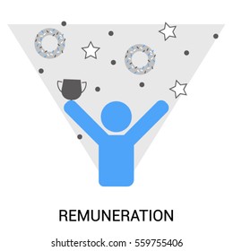 Infographic icon of remuneration, reward, victory or fame. Man with raised arms. Cup and confetti. Modern thin line icon. Premium quality vector illustration concept. Flat design web graphics elements
