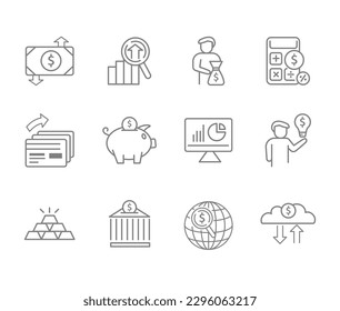 Infographic icon set for business. 12 Finance web icon collection. Thin outline icons pack bundle, vector icon infographic.