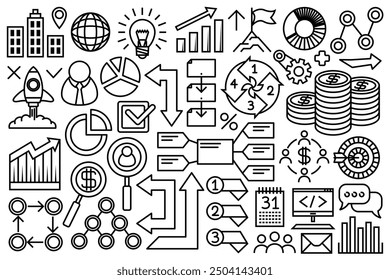 Infografik-Symbolsatz. Sammlung mit linearen Graphen, Diagrammen, Plänen, Pfeilen und anderen Symbolen.