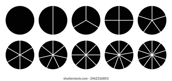 Iconos infográficos en círculo con radio dividido en Imagen de Vector en color blanco y negro. Segmentos de círculo con 1 a 10 piezas. Diagrama redondo en negro. Conjunto de secciones de círculo divididas.