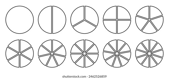 Infographic icons circles set divided radius in black color stroke style vector image. Segments of circle with 1 to 10 pieces. Black round diagram. Divided circle sections set.