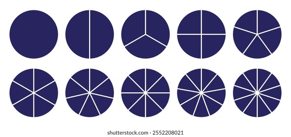 Ícones infográficos círculos definir raio dividido em azul marinho cor vetor imagem. Segmentos de círculo com 1 a 10 partes. Diagrama redondo preto. Seções de círculo divididas definidas.