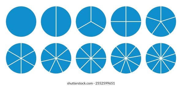 Círculos de iconos de infografía establecidos en radio dividido en Imagen de Vector de color azul. Segmentos de círculo de 1 a 10 piezas. Diagrama redondo azul. Conjunto de secciones de círculo dividido.