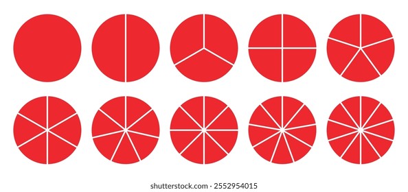 Ícones infográficos círculos definir raio dividido em imagem de vetor de cor vermelha. Segmentos de círculo com 1 a 10 partes. Diagrama redondo azul. Seções de círculo divididas definidas.