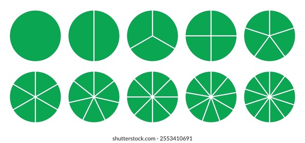 Infographic icons circles set divided radius in green color vector image. Segments of circle with 1 to 10 pieces. Green round diagram. Divided circle sections set.