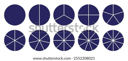 Infographic icons circles set divided radius in navy blue color vector image. Segments of circle with 1 to 10 pieces. Black round diagram. Divided circle sections set.