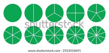 Infographic icons circles set divided radius in green color vector image. Segments of circle with 1 to 10 pieces. Green round diagram. Divided circle sections set.