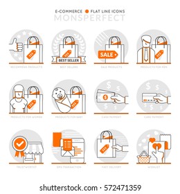 Infographic Icons Elements about E-Commerce. Flat Thin Line Icons Set Pictogram for Website and Mobile Application Graphics.