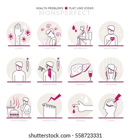 Iconos Infográficos Elementos sobre Problemas de Salud. Iconos planos de línea delgada definen Pictograma para gráficos de aplicaciones web y móviles.