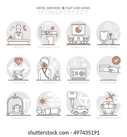 Infographic Icons Elements about Hotel Services. Flat Thin Line Icons Set Pictogram for Website and Mobile Application Graphics.