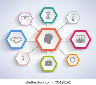 Infographic with icons in geometric frames, picture of man connected to image of handshake, briefcase and bulb by lines vector illustration