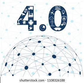 Infographic Icons of industry 4.0 .Internet of things network, Smart Factory solution .Smart technology icon, Big data, cloud computing, augmented reality, automatic robotics, cybersecurity.