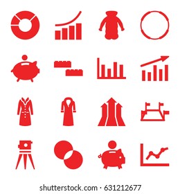 Infographic icons set. set of 16 infographic filled icons such as overcoat, graph, circle intersection, theodolite, piggy bank, chart, pie chart, locations, arrows up