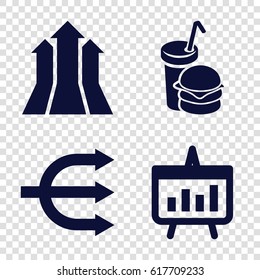 Infographic icons set. set of 4 infographic filled icons such as burger and drink, chart, structure