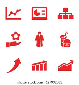 Infographic icons set. set of 9 infographic filled icons such as overcoat, burger and drink, chart on display, chart, arrow up, atom in hand