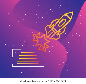 Infographic illustraion with rocket over modern purple gradient background and shiny stars