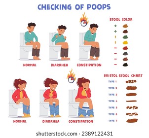 La Infografía Ilustra Diversos Formularios De Herramientas En Un Niño, Que Van Desde La Sana Hasta La Anormal, Proporcionando Una Guía Visual Para El Control De La Salud Digestiva. Ilustración de vectores de personas de caricatura