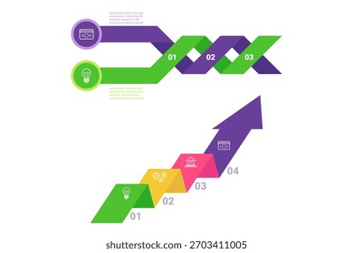 Infographic illustrating clear progression of steps in growth and innovation. Each phase featuring icons representing essential concepts for development and success in business and ideas