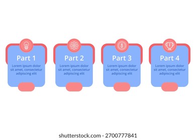 Infografik zur Veranschaulichung von vier verschiedenen Prozessabschnitten. Einfache Symbole und Textbeschriftungen, die einen Teil des gesamten Workflows erläutern und Klarheit und Organisation demonstrieren