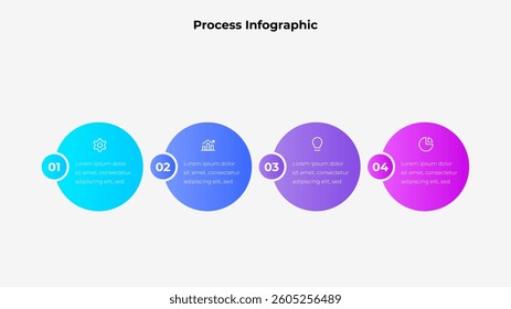 Infographic illustrating a four step process shown in sequential circles with icons and captions, ideal for process visualization and data presentation in professional or business contexts
