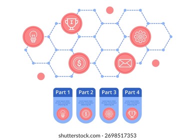 Infographic illustrating structured set of four parts, highlighting topics like ideas, achievements, finance, and communication