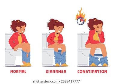 Infografik zur Illustration verschiedener Schulformen bei Kindern, von gesunden bis zu Durchfall und Verstopfung. Kleine Girl-Charaktere , die potenzielle Gesundheitsprobleme identifizieren. Vektorgrafik von Cartoon People