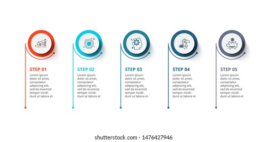 Infographic illustration with 5 steps or options. Thin color lines with white circles. Business template for presentation.