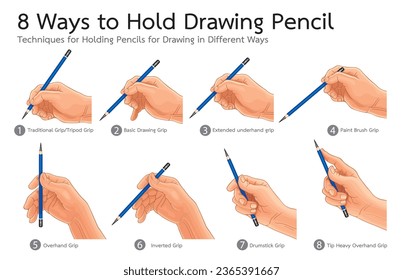 Infographic illustration of 8 ways to hold drawing pencil,techniques for holding pencils for drawing in different ways,isolated on wihite.Tool to create creativity,imagination in world of art,drawing.