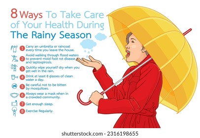 Infographic illustration of 8 ways to take care of your health during the rainy season,keep healthy,weather changes often,isolated on white.Season where everyone be careful,stay healthy.