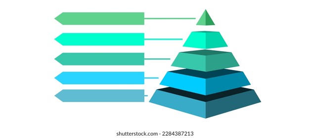 Infografik der blauen und grünen Dreiecke, unterteilt in fünf und Platz für Text, Pyramid-Form aus drei Ebenen zur Darstellung von Geschäftsideen oder Diskrepanzen und statistischen Daten 