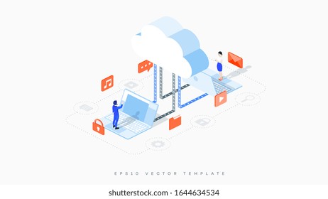 Infographic illustration of cloud hosting. A businessman and a woman share files, music, emails, videos, and messages. Cloud storage laptops and office people as a metaphor for secure teamwork.