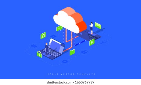 Infographic illustration of cloud hosting. A businessman and a woman share files, music, emails, videos, and messages. Cloud storage laptops and office people as a metaphor for secure teamwork.