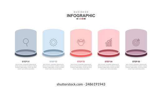 Infographic Illustration design template with icons and 5 options, workflow layout, icons, diagram, report, web design. Creative, vector, illustration.