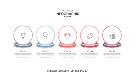 Infographic Illustration design template with icons and 5 options, workflow layout, icons, diagram, report, web design. Creative, vector, illustration.