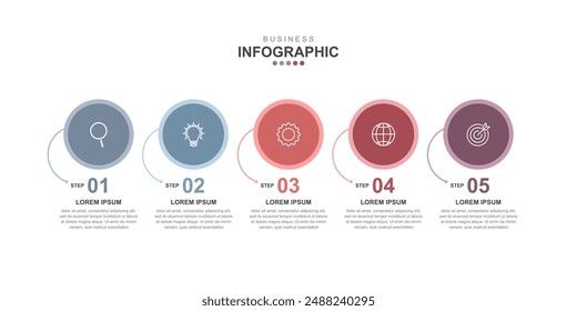  Infographic Illustration design template with icons and 5 options, workflow layout, icons, diagram, report, web design. Creative, vector, illustration.