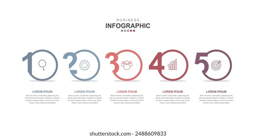  Infographic Illustration design template with icons and 5 options, workflow layout, icons, diagram, report, web design. Creative, vector, illustration.