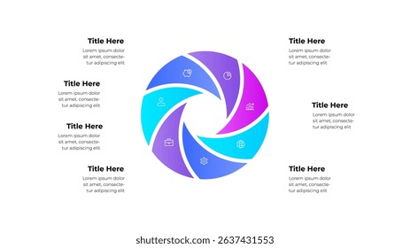 Infographic illustration featuring a circular layout with 7 sections displaying icons and text. Ideal for presentations, business strategies, and graphic designs emphasizing information clarity