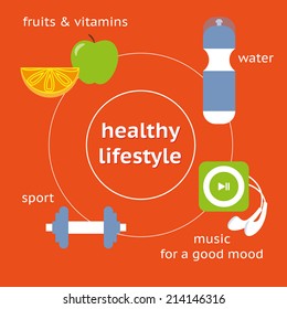 Infographic illustration of healthy lifestyle: water, fruits, music and sport on red background