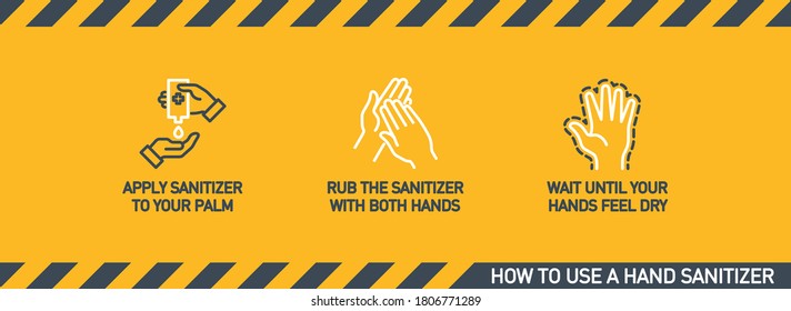 Infographic illustration of How to use hand sanitizer properly. instructions using wall dispenser antiseptic for hand disinfection: press your elbow on button lever, apply sanitizer on palm, rub hands