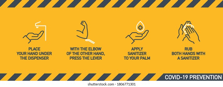 Infographic illustration of How to use hand sanitizer properly. instructions using wall dispenser antiseptic for hand disinfection: press your elbow on button lever, apply sanitizer on palm, rub hands