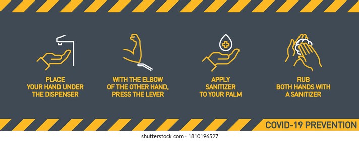 Infographic illustration of How to use hand sanitizer properly. instructions using wall dispenser antiseptic for hand disinfection: press your elbow on button lever, apply sanitizer on palm, rub hands