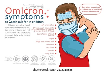 Infografische Darstellung der Omicron-Symptome, auf die bei Kindern geachtet werden soll, neue SARS-CoV-2, einzeln auf weißem Hintergrund, Coronavirus-Ausbruch, COVID-Variante, leicht verbreitet, Kindervirus-Schutzkonzept.