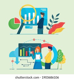 Infographic Illustration People Activities; Young Businessman at work with some decorations like statistic chart, marketing strategy, financial flow chart, benefit diagram, growth presentation  