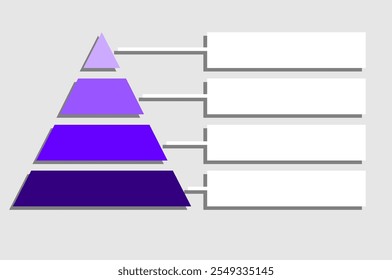 Ilustración infográfica de púrpura con triángulo azul dividido y cortado y espacio para texto, forma de pirámide cuatro capas para presentar ideas de negocios o disparidad y estadísticas