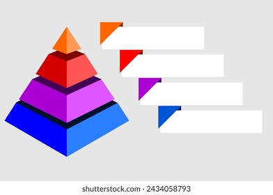 Infographic illustration of purple with orange with blue and red triangle divided and cut and space for text, Pyramid shape four layers for presenting business ideas or disparity and statistical