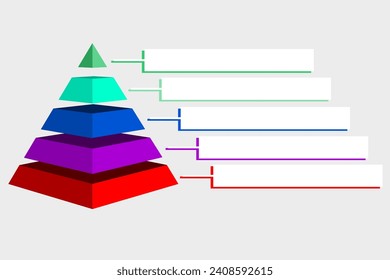 Infographic illustration of purple with red with purple with blue and green triangles divided and label, Pyramid shape made of five layers for presenting business idea or disparity